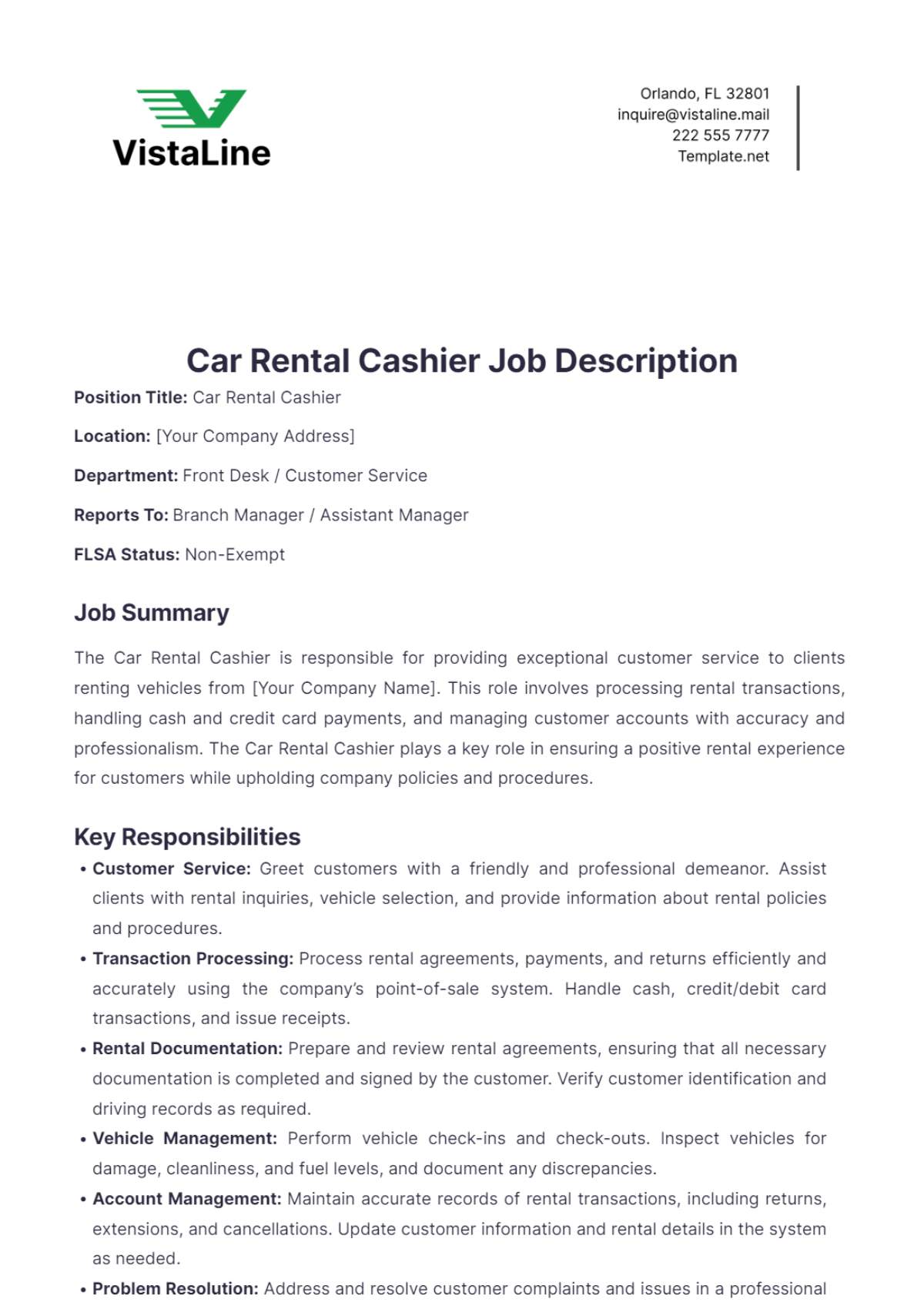 Car Rental Cashier Job Description Template - Edit Online & Download