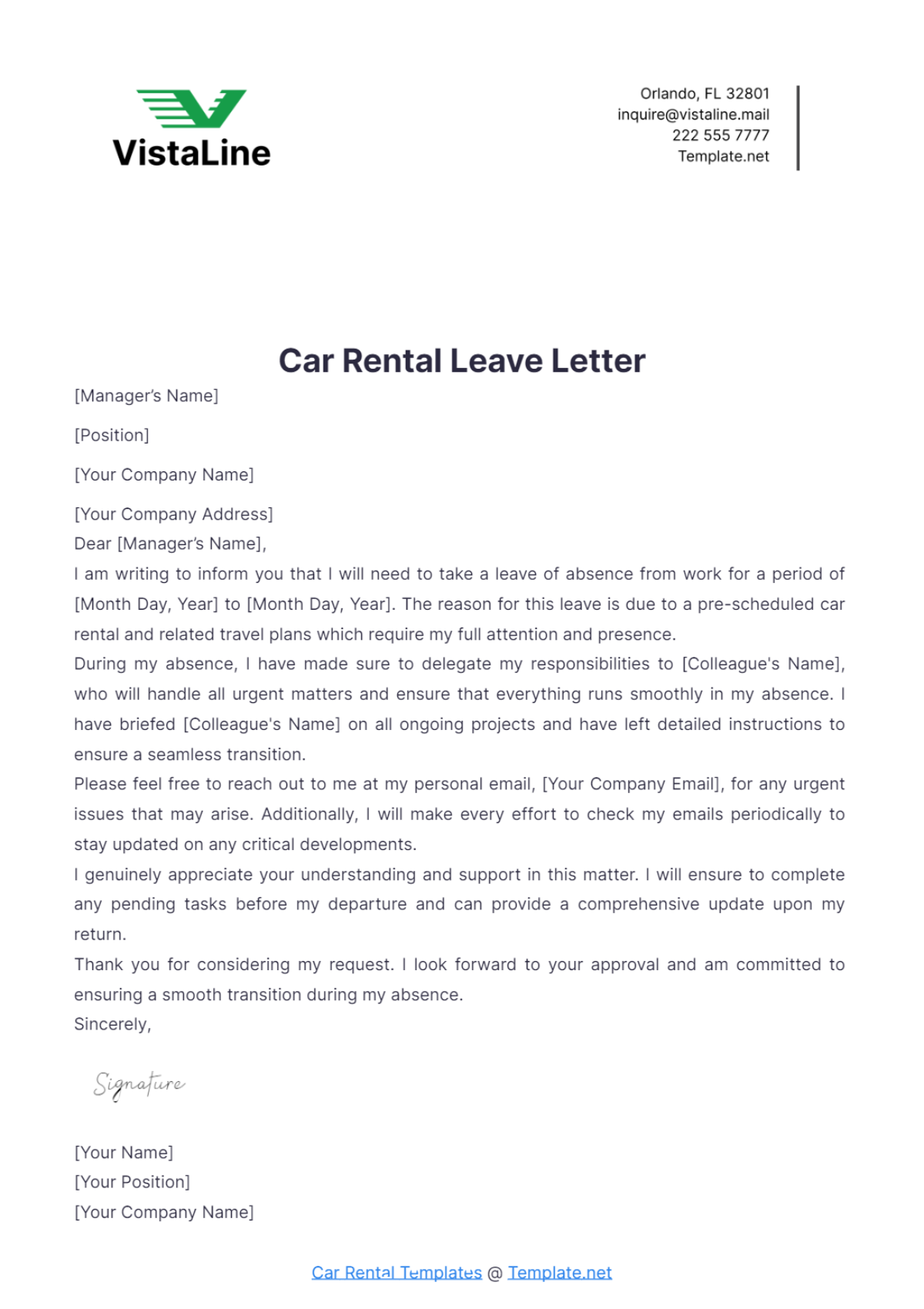 Car Rental Leave Letter Template