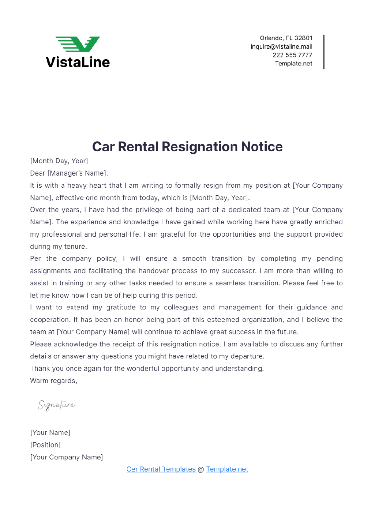 Car Rental Resignation Notice Template - Edit Online & Download