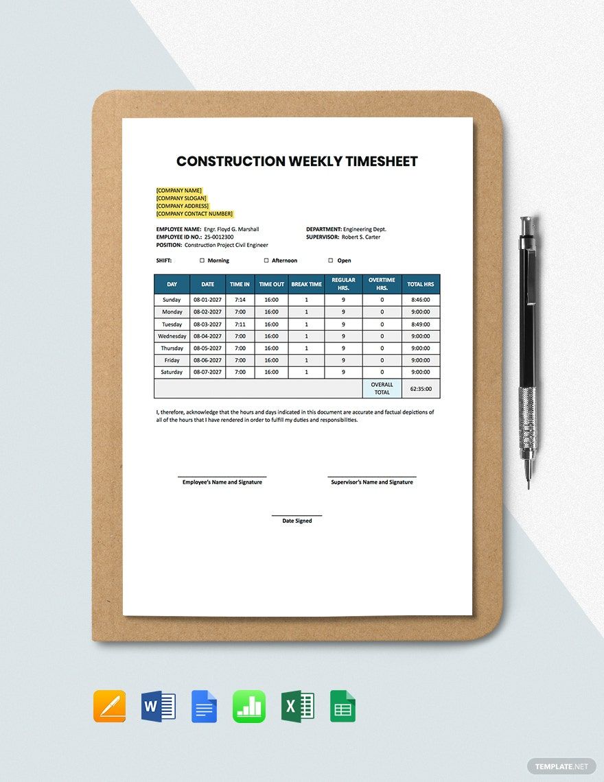 Construction Weekly Timesheet Template