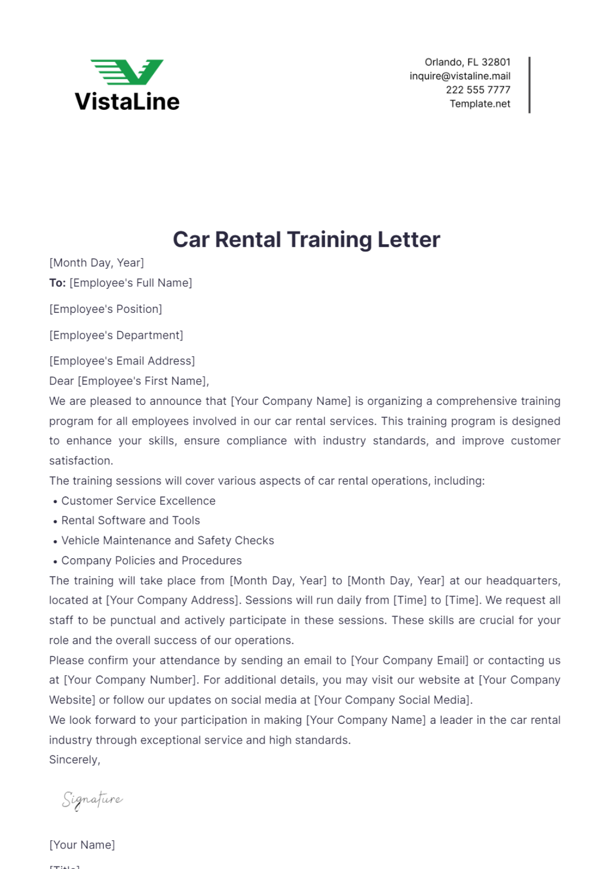 Car Rental Training Letter Template