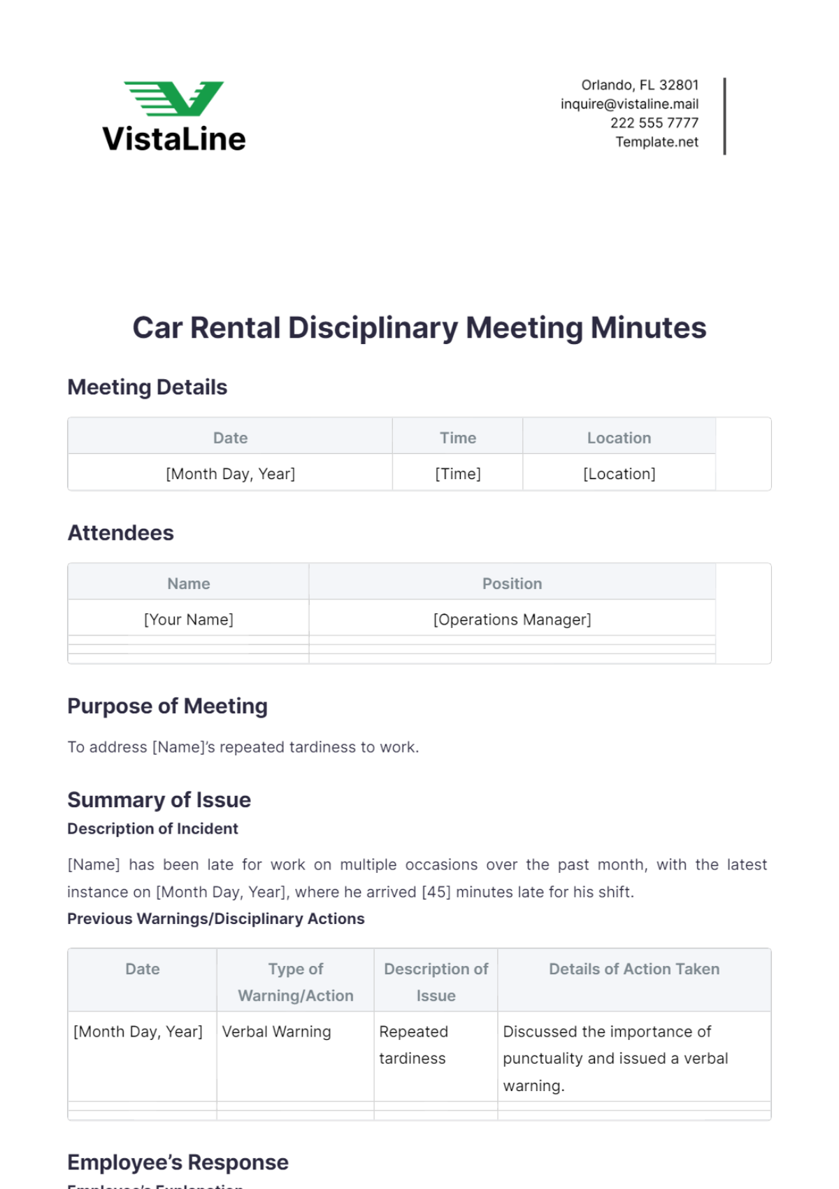 Car Rental Disciplinary Meeting Minutes Template - Edit Online & Download