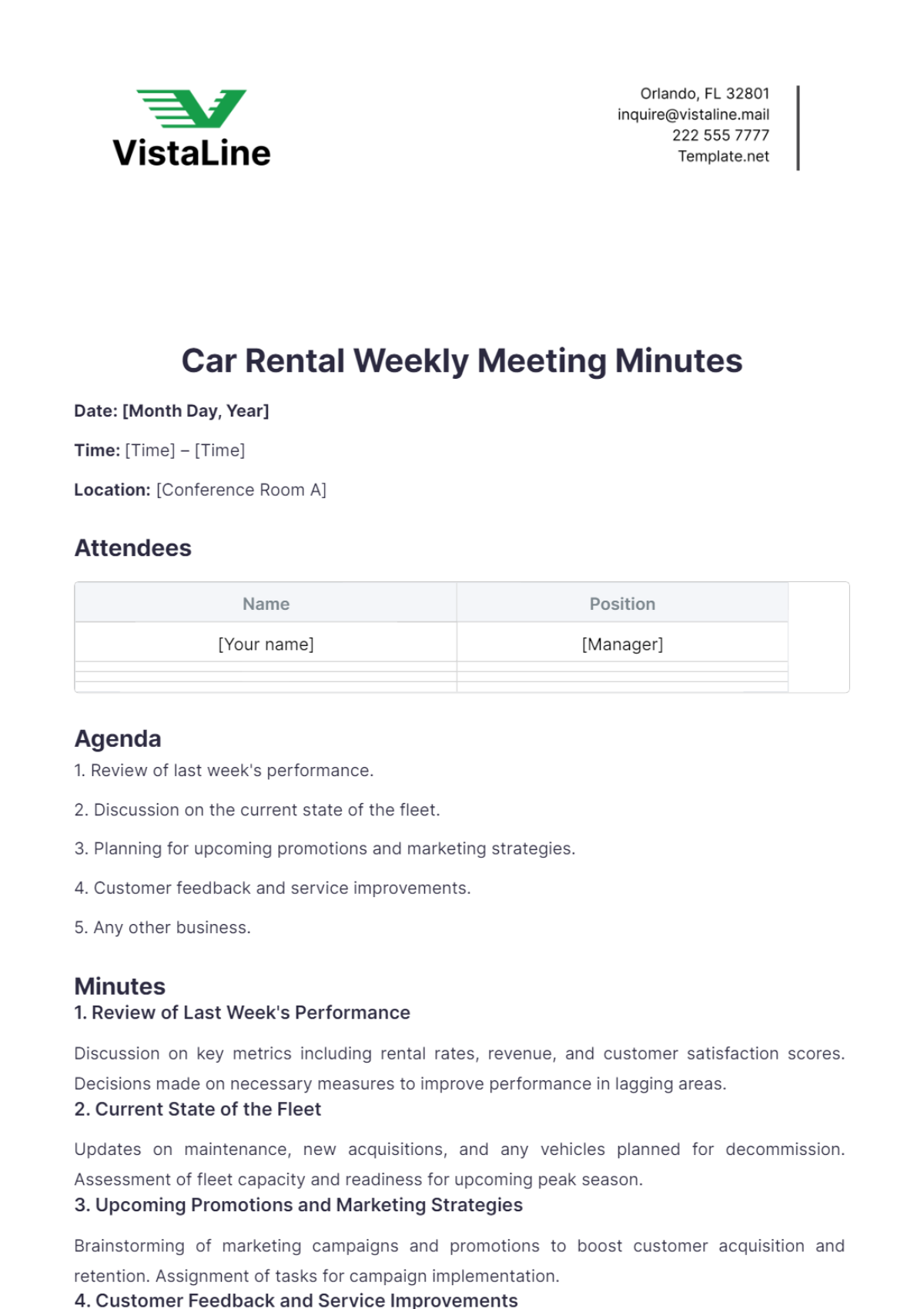 Car Rental Weekly Meeting Minutes Template - Edit Online & Download