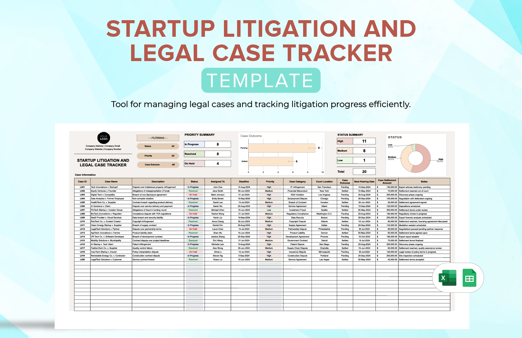 Startup Litigation and Legal Case Tracker Template in Excel, Google Sheets