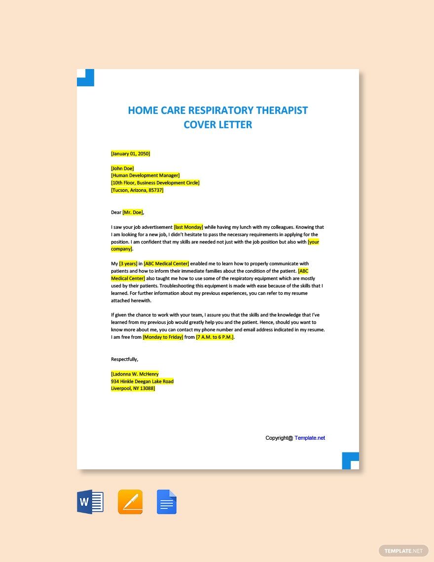 Home Care Respiratory Therapist Cover Letter Template in Google Docs, Word, Pages, PDF - Download | Template.net