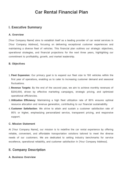 Free Car Rental Financial Plan Template to Edit Online