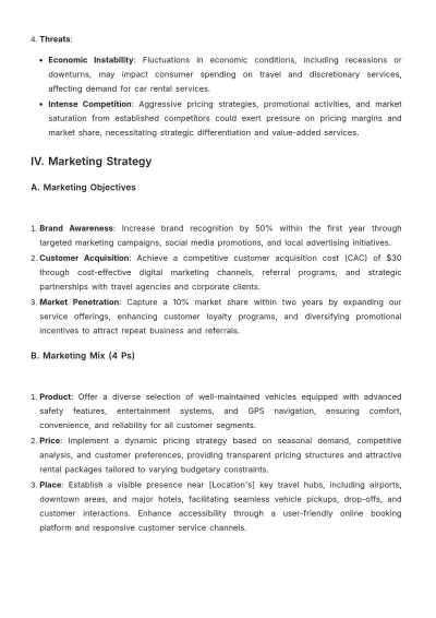 Free Car Rental Financial Plan Template to Edit Online