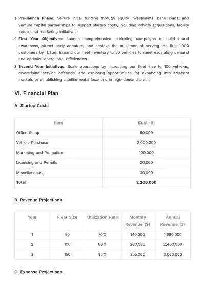 Free Car Rental Financial Plan Template to Edit Online