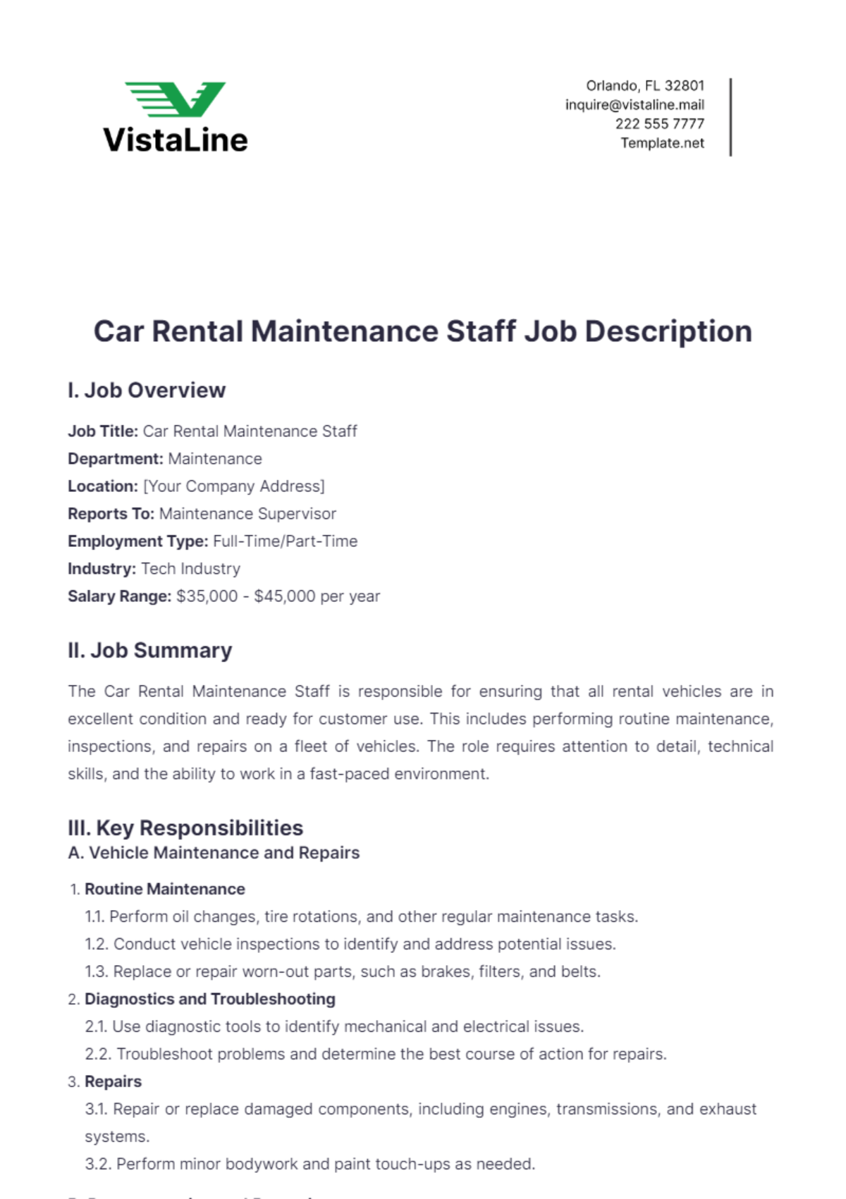 Car Rental Maintenance Staff Job Description Template - Edit Online & Download