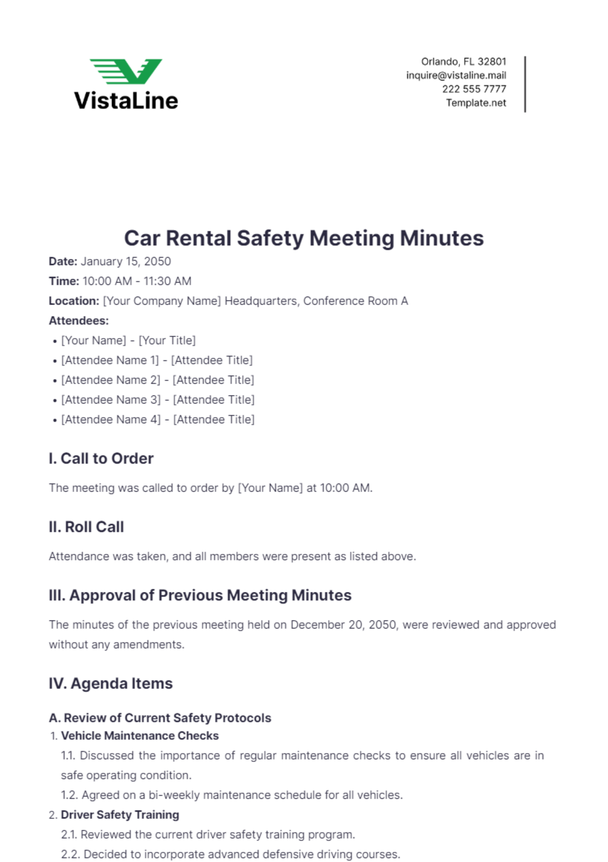 Car Rental Safety Meeting Minutes Template - Edit Online & Download