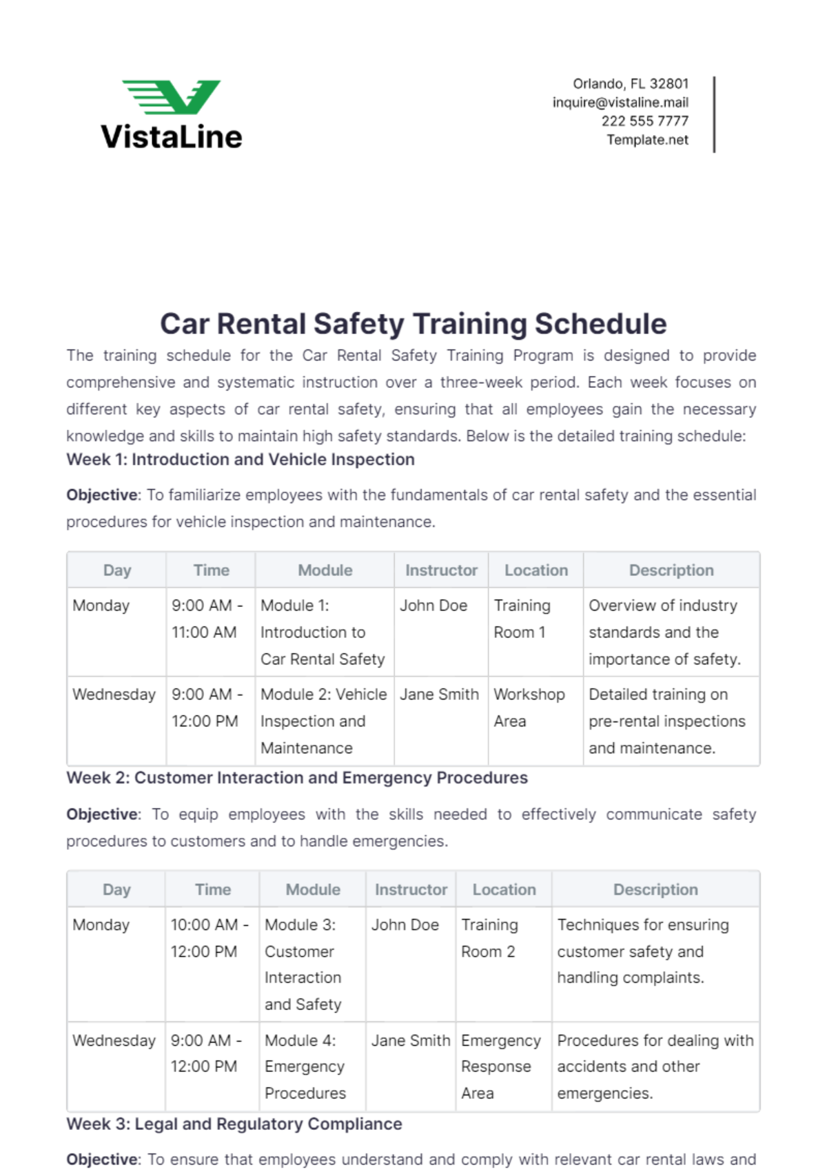 Car Rental Safety Training Schedule Template - Edit Online & Download