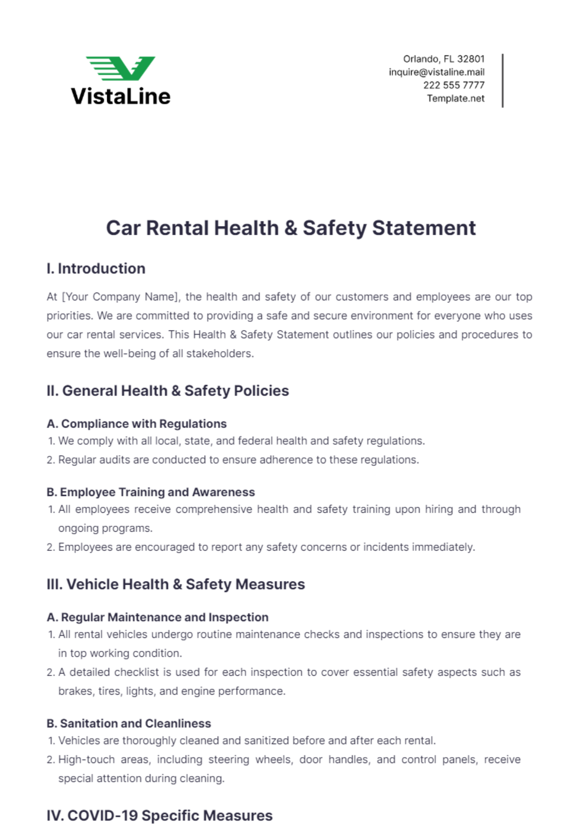 Car Rental Health & Safety Statement Template