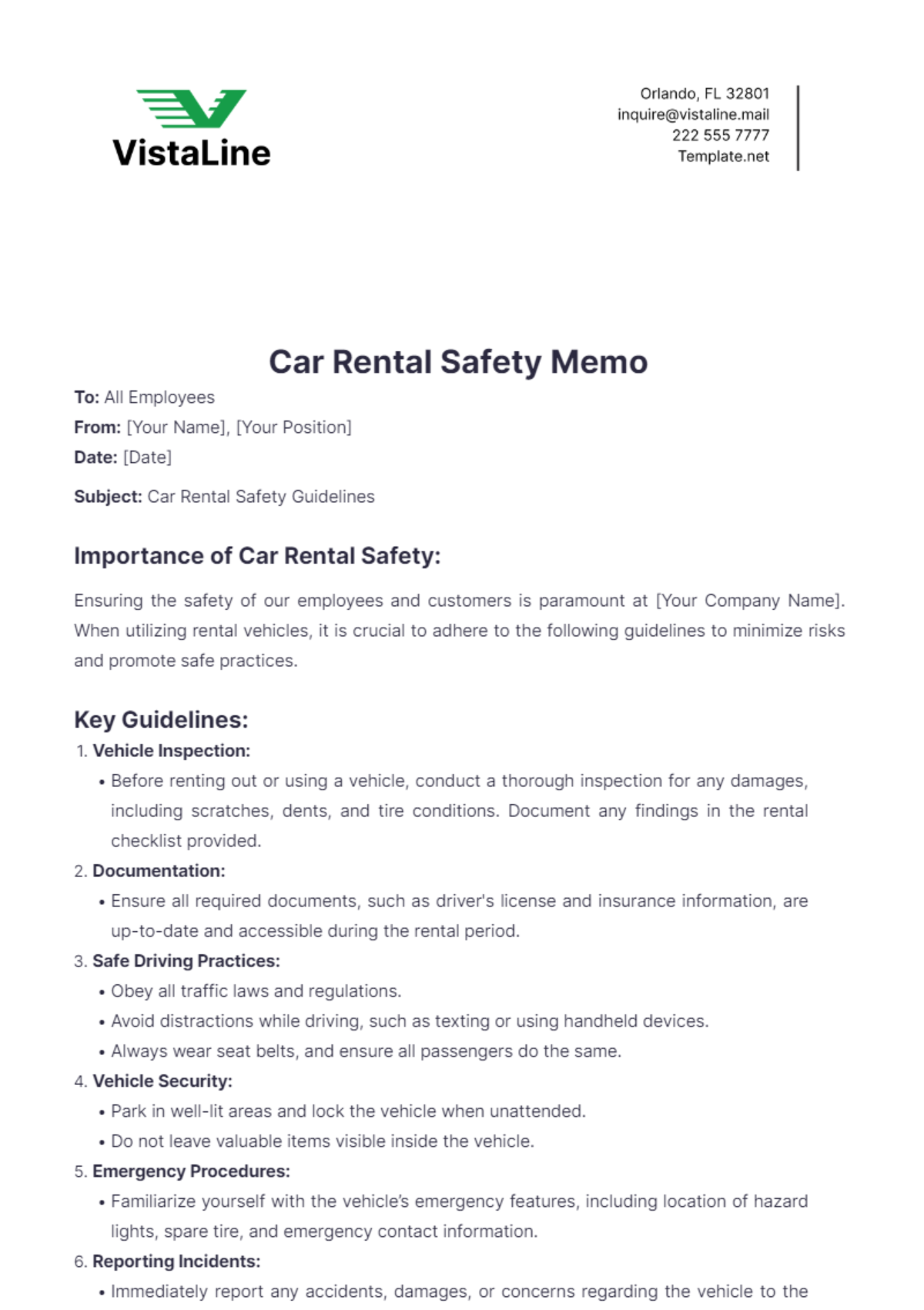 Car Rental Safety Memo Template - Edit Online & Download