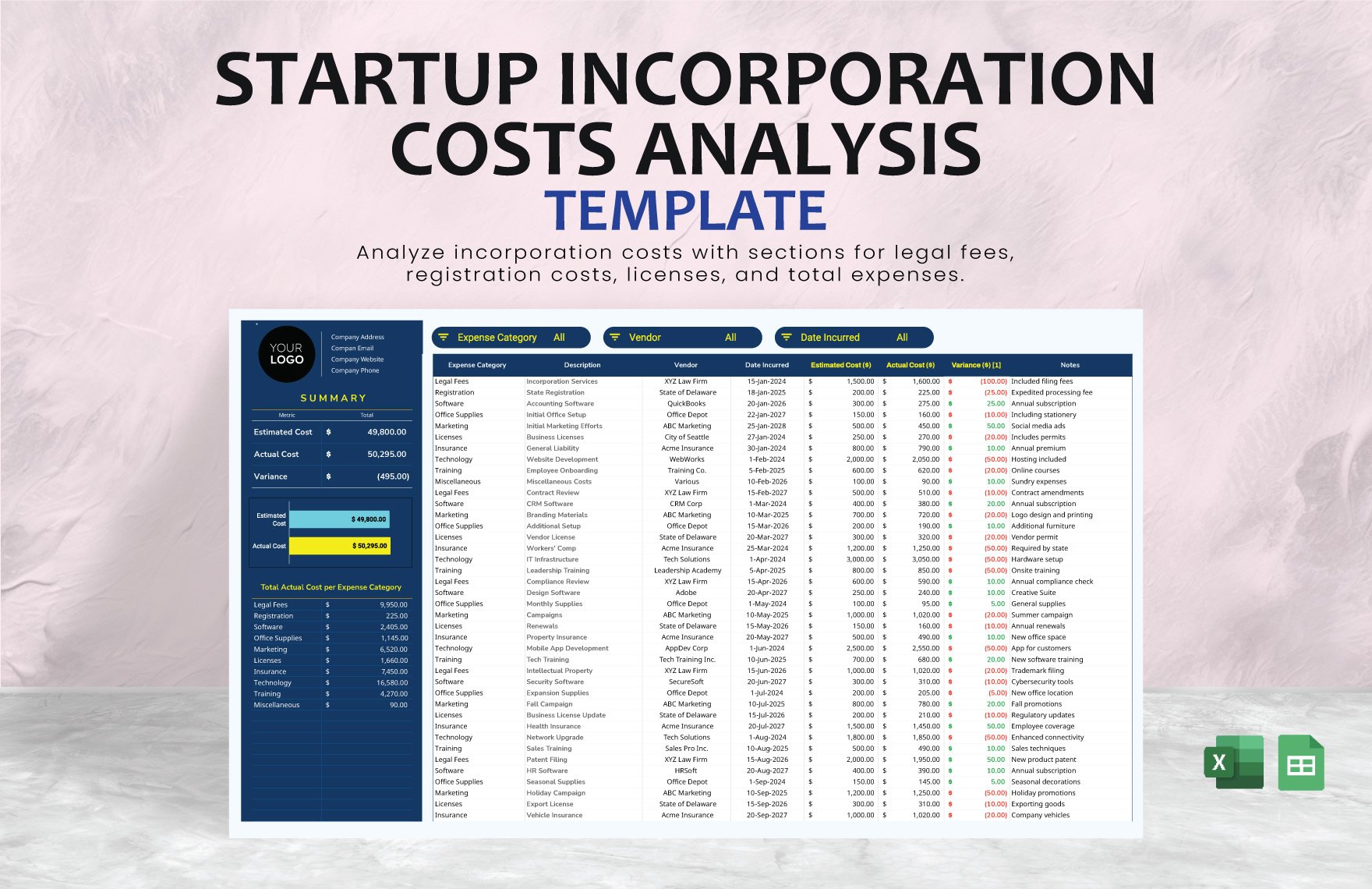 Startup Incorporation Costs Analysis Template in Excel, Google Sheets