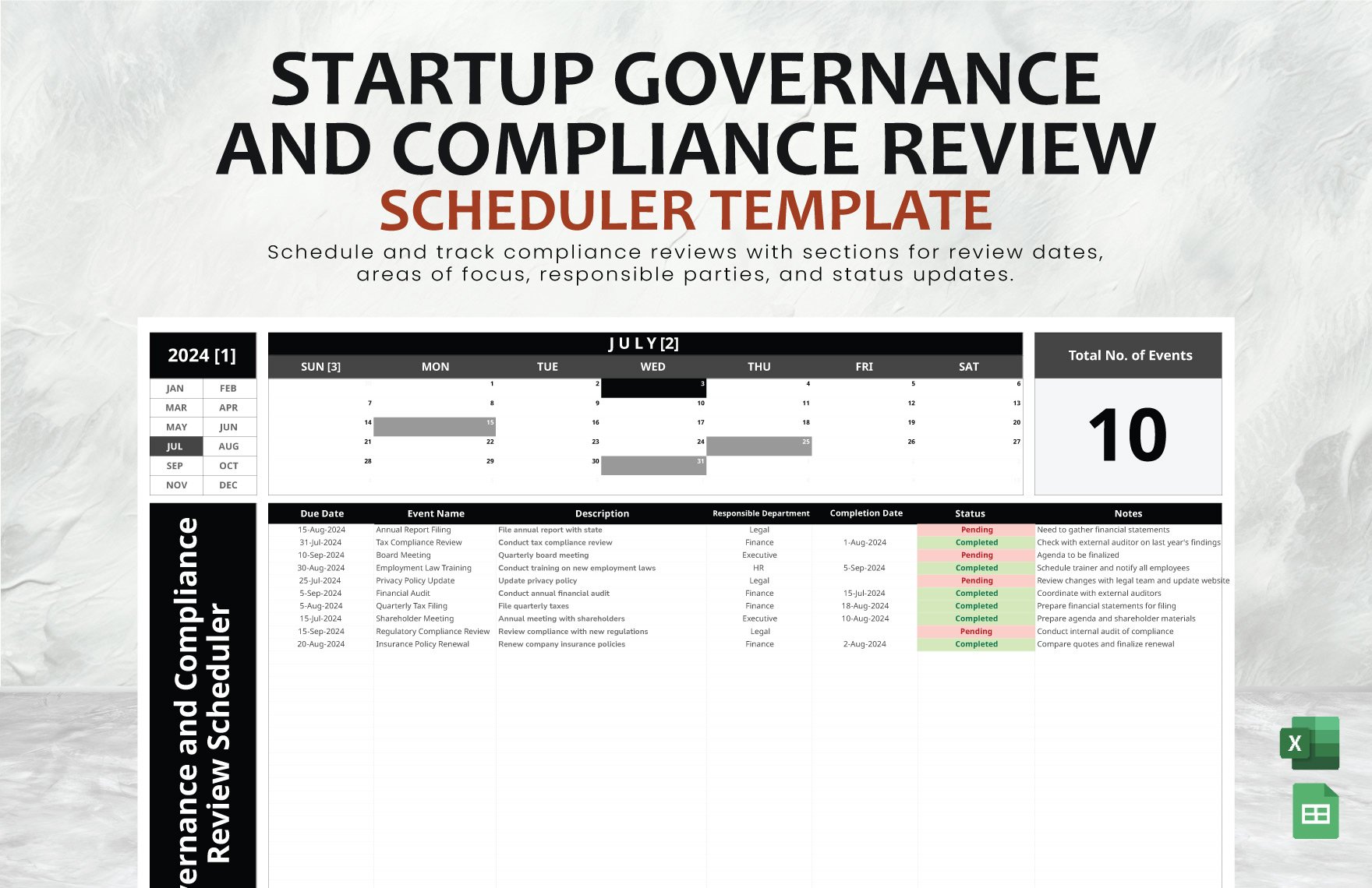Startup Governance and Compliance Review Scheduler Template in Excel, Google Sheets