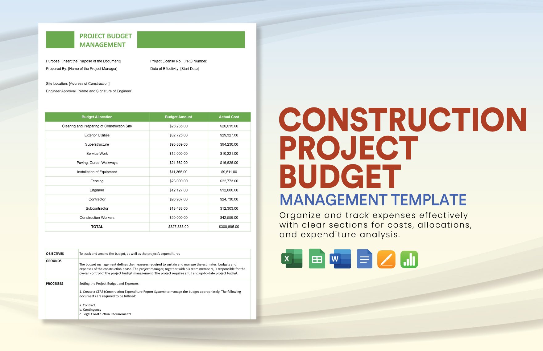 Construction Project Budget Management Template in Word, Google Docs, Excel, Google Sheets, Apple Pages, Apple Numbers