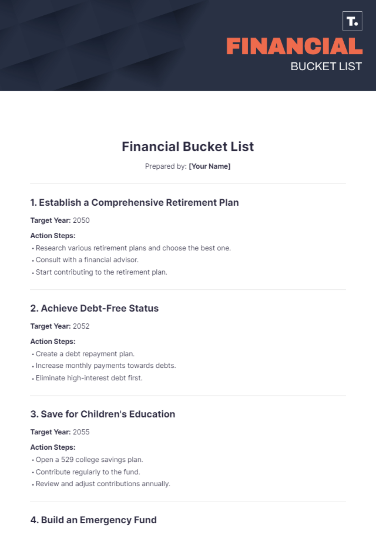 Financial Bucket List Template