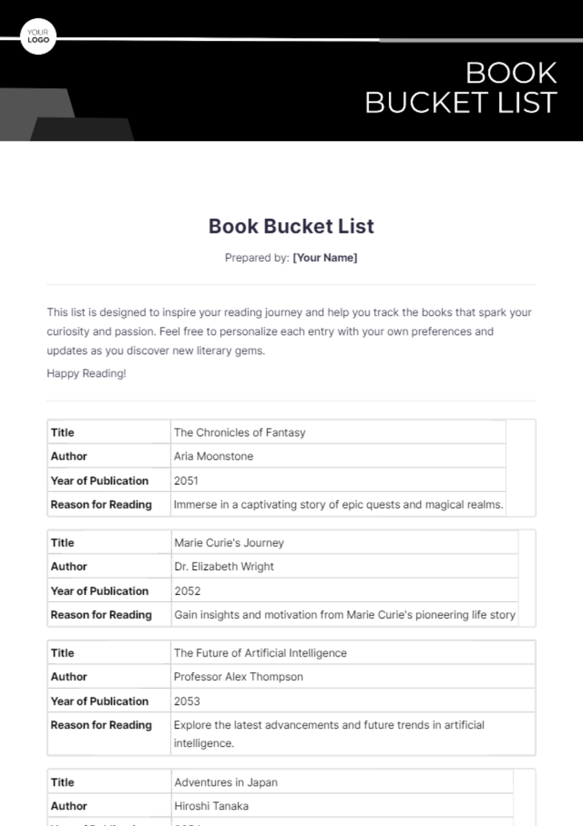 Book Bucket List Template - Edit Online & Download