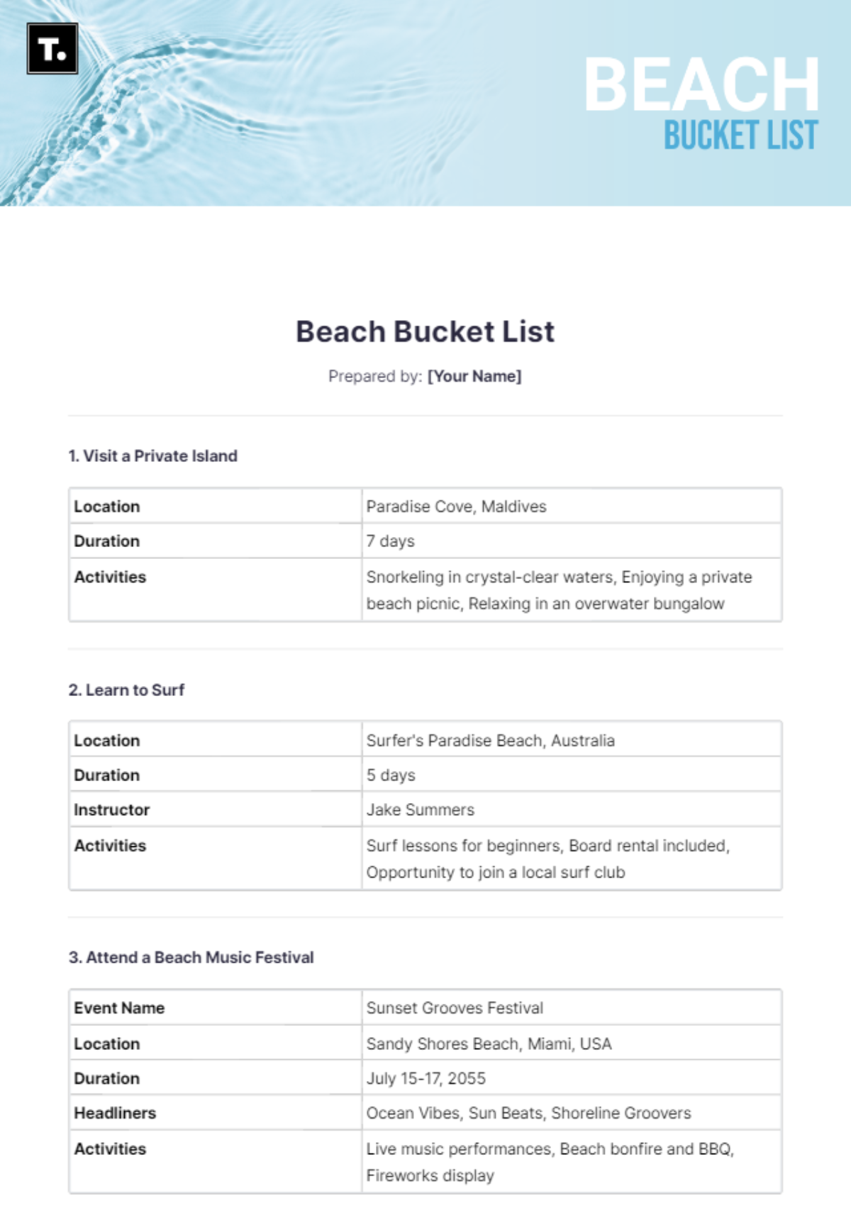 Beach Bucket List Template