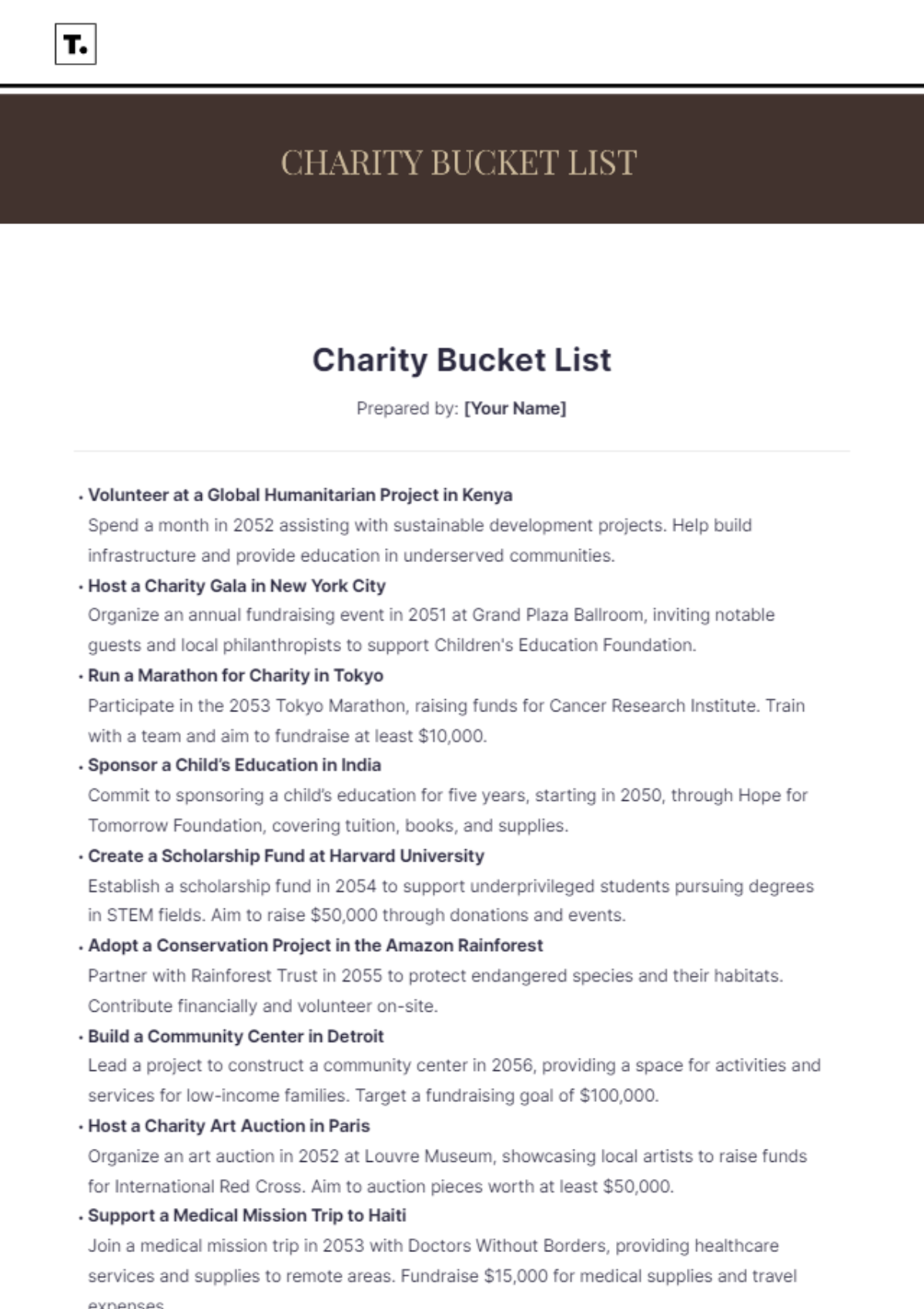 Charity Bucket List Template