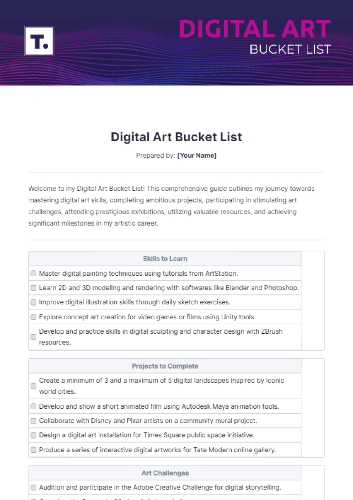 Digital Art Bucket List Template - Edit Online & Download