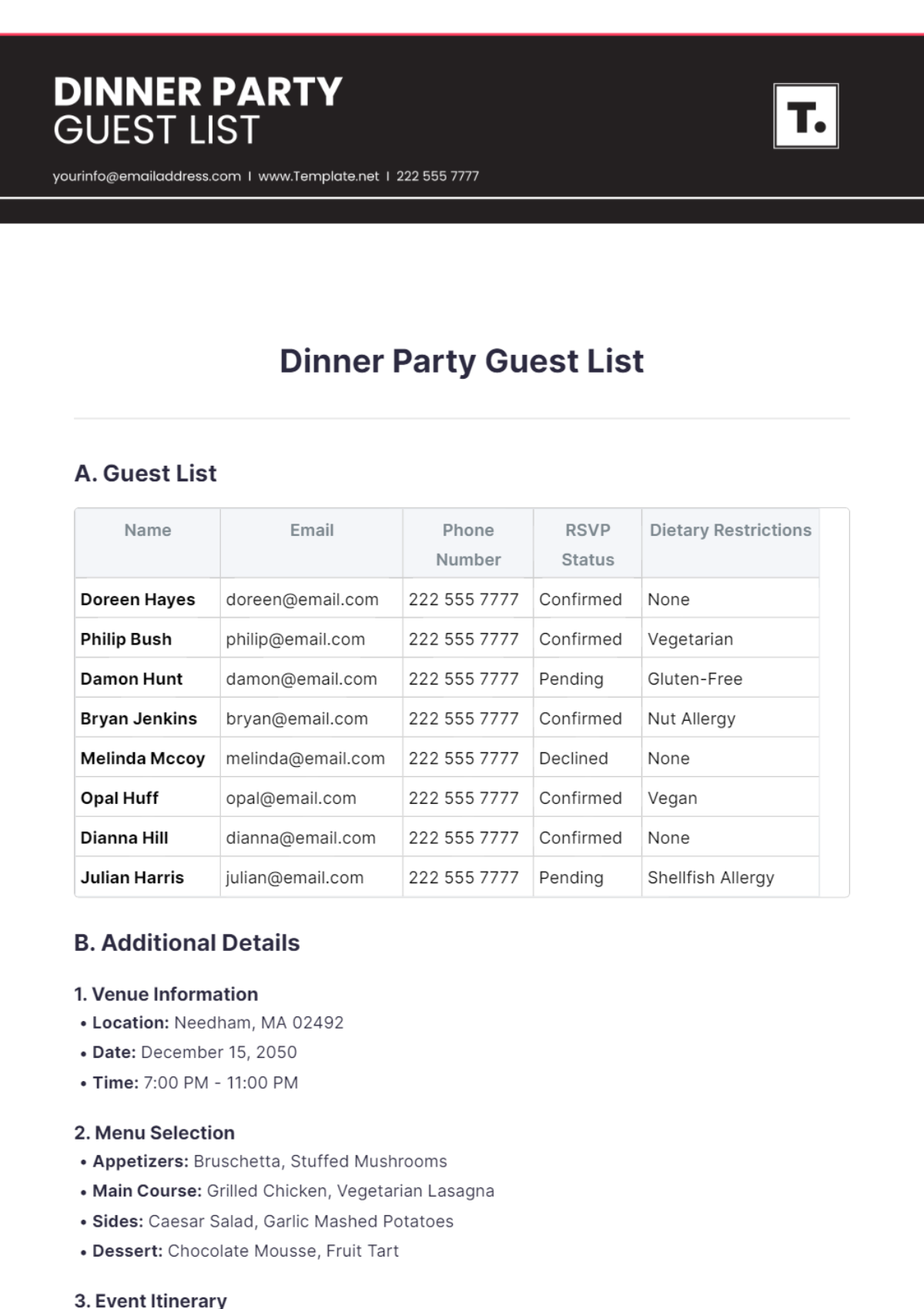 Dinner Party Guest List Template - Edit Online & Download