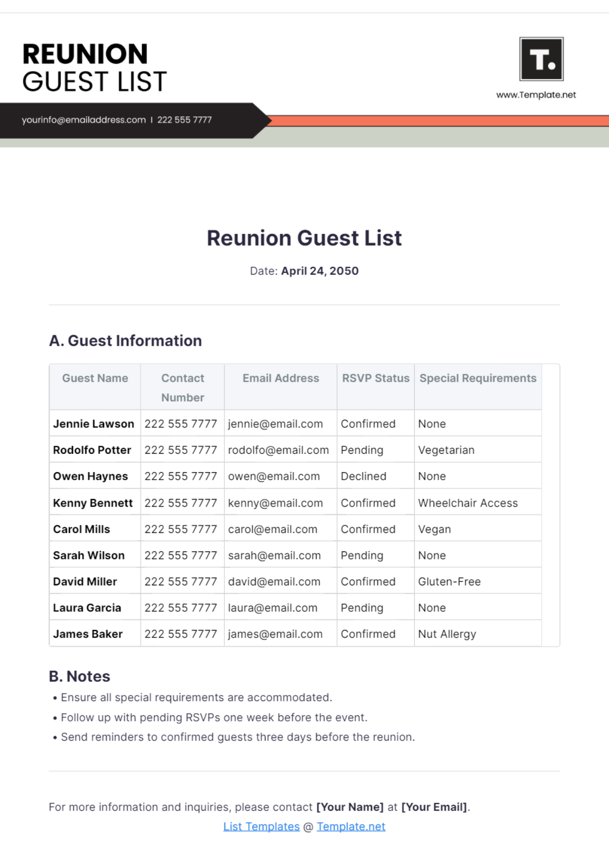 Reunion Guest List Template - Edit Online & Download