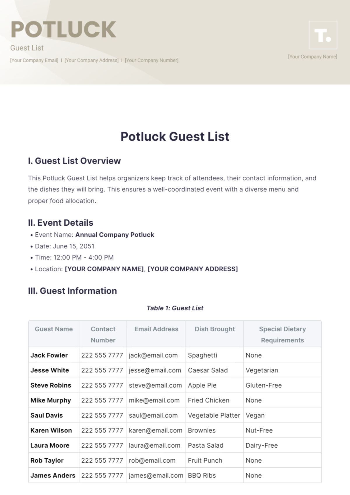 Potluck Guest List Template - Edit Online & Download