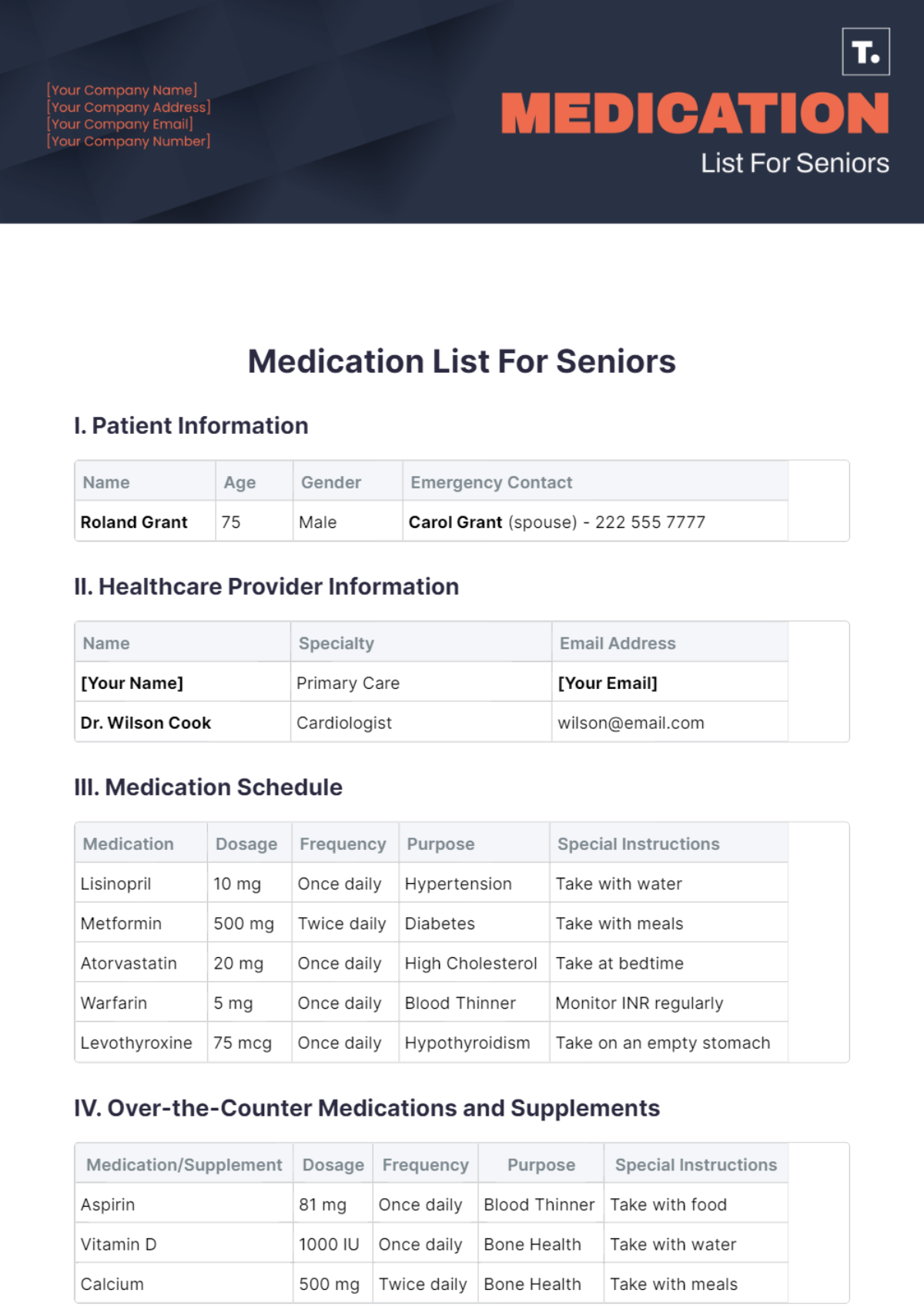 Medication List For Seniors Template