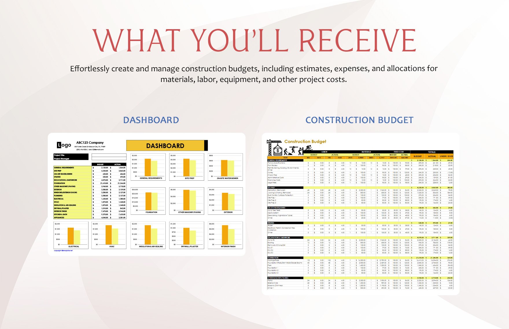 Construction Project Budget Sheet Template