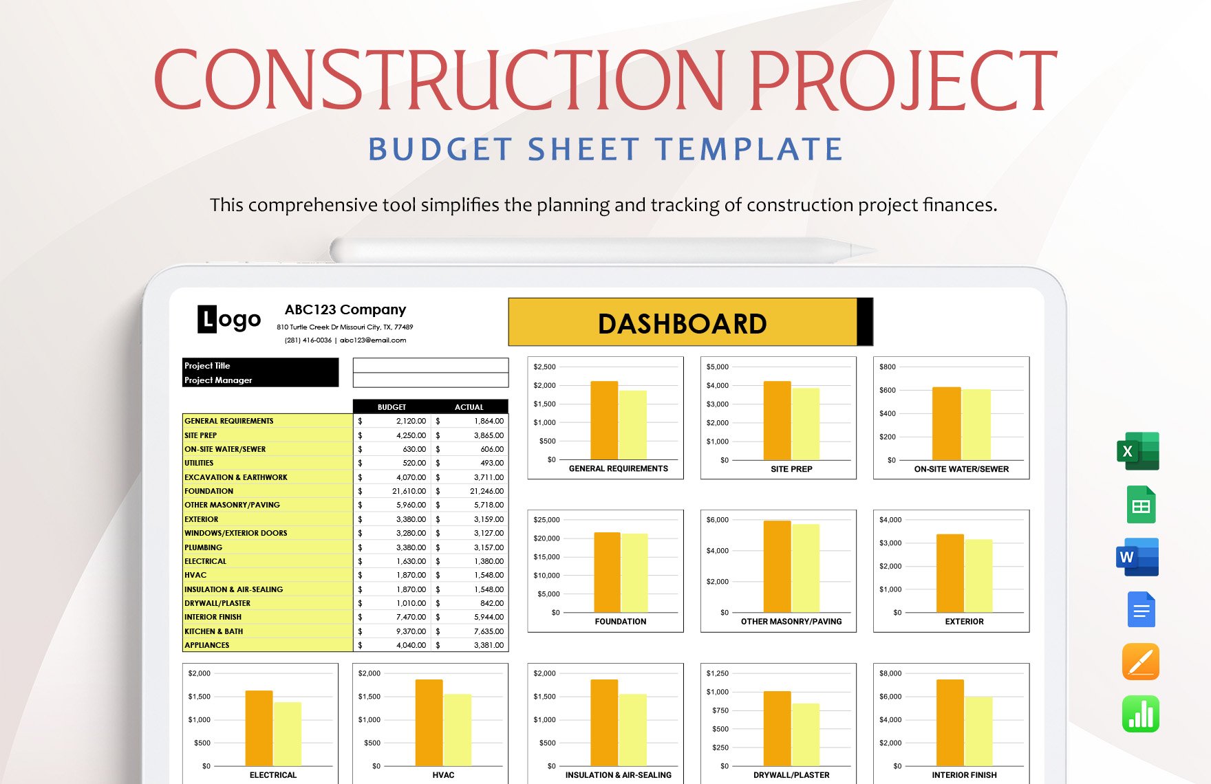 Construction Project Budget Sheet Template in Word, Google Docs, Excel, Google Sheets, Apple Pages, Apple Numbers