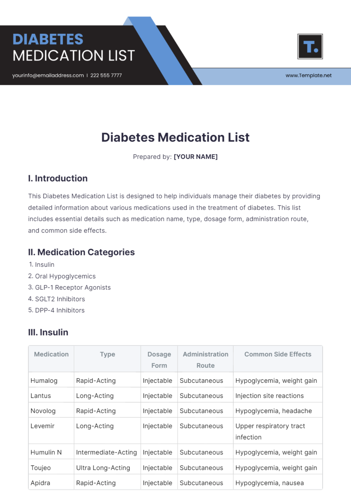 Diabetes Medication List Template