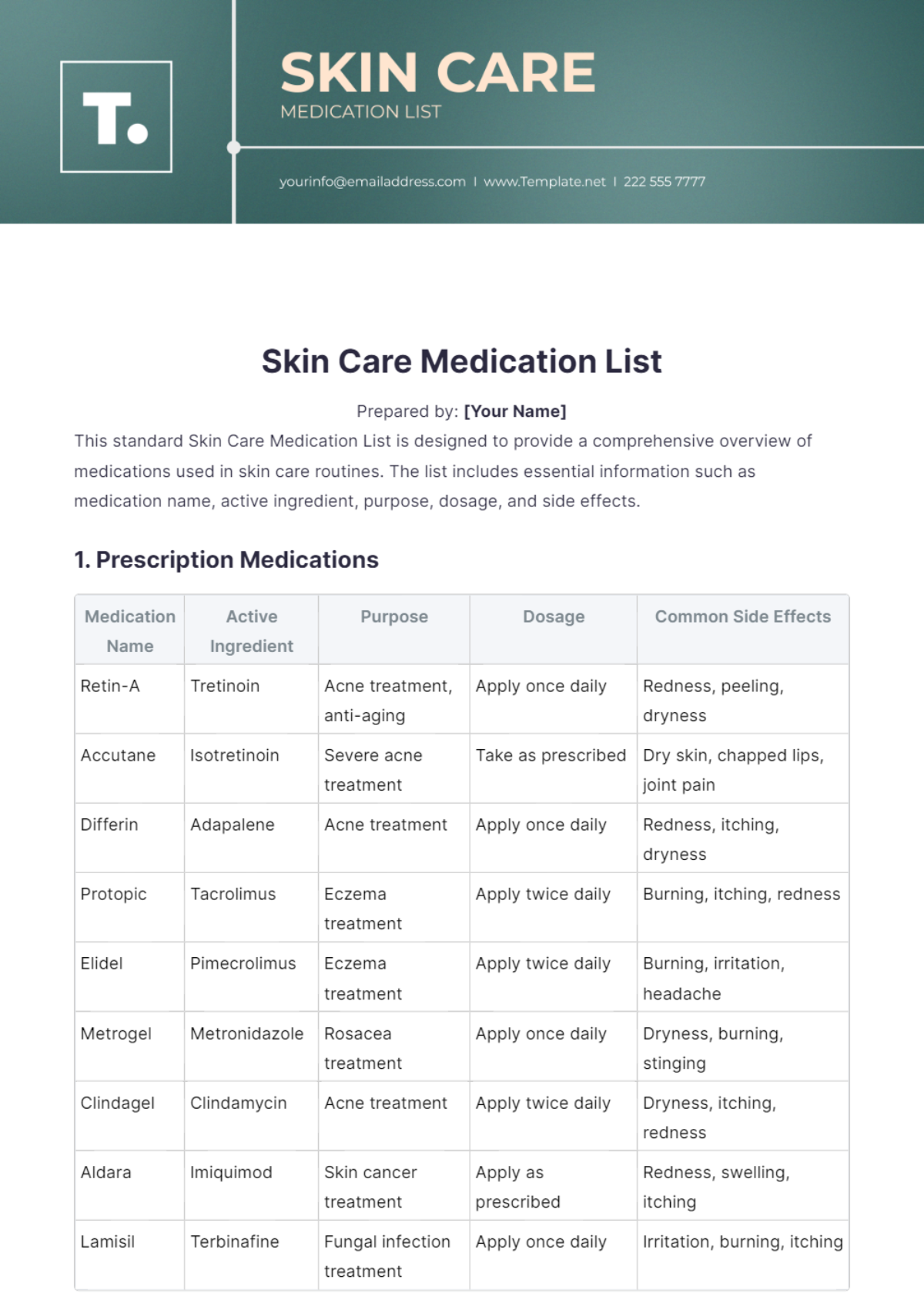 Skin Care Medication List Template