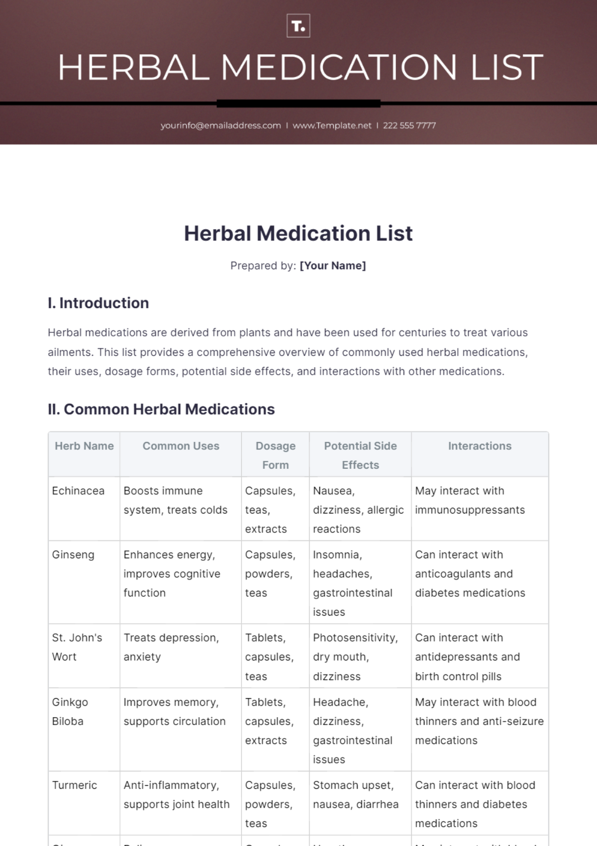 Herbal Medication List Template