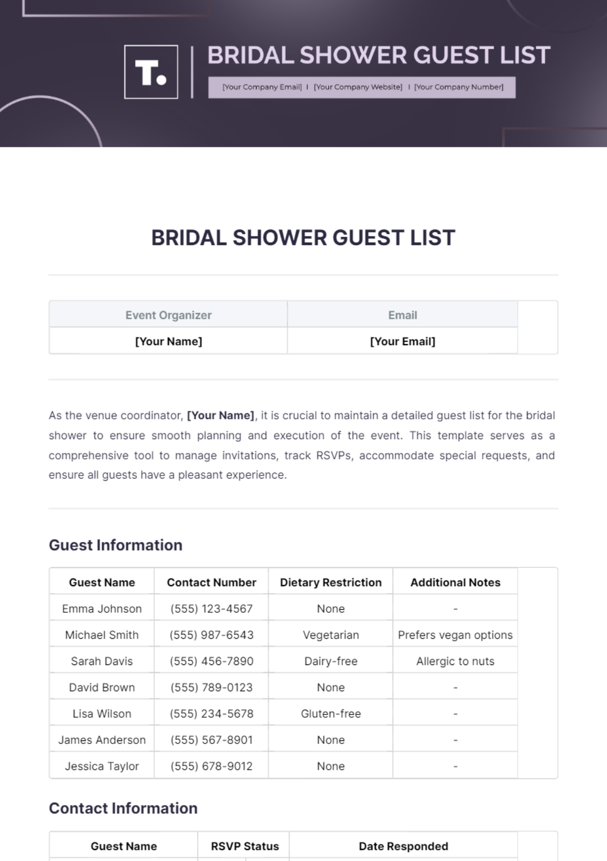 Bridal Shower Guest List Template - Edit Online & Download