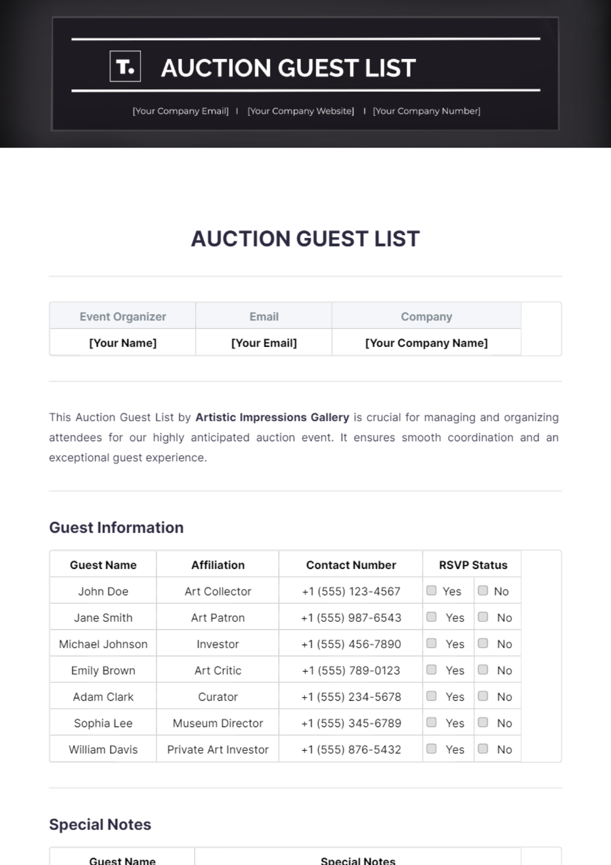 Auction Guest List Template - Edit Online & Download