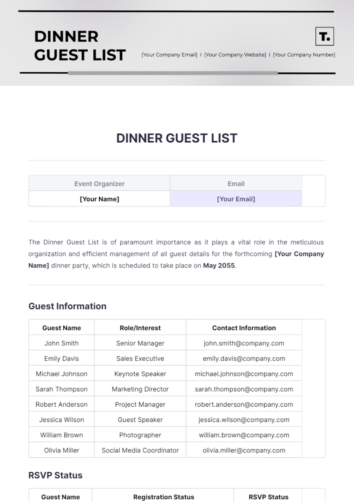 Dinner Guest List Template