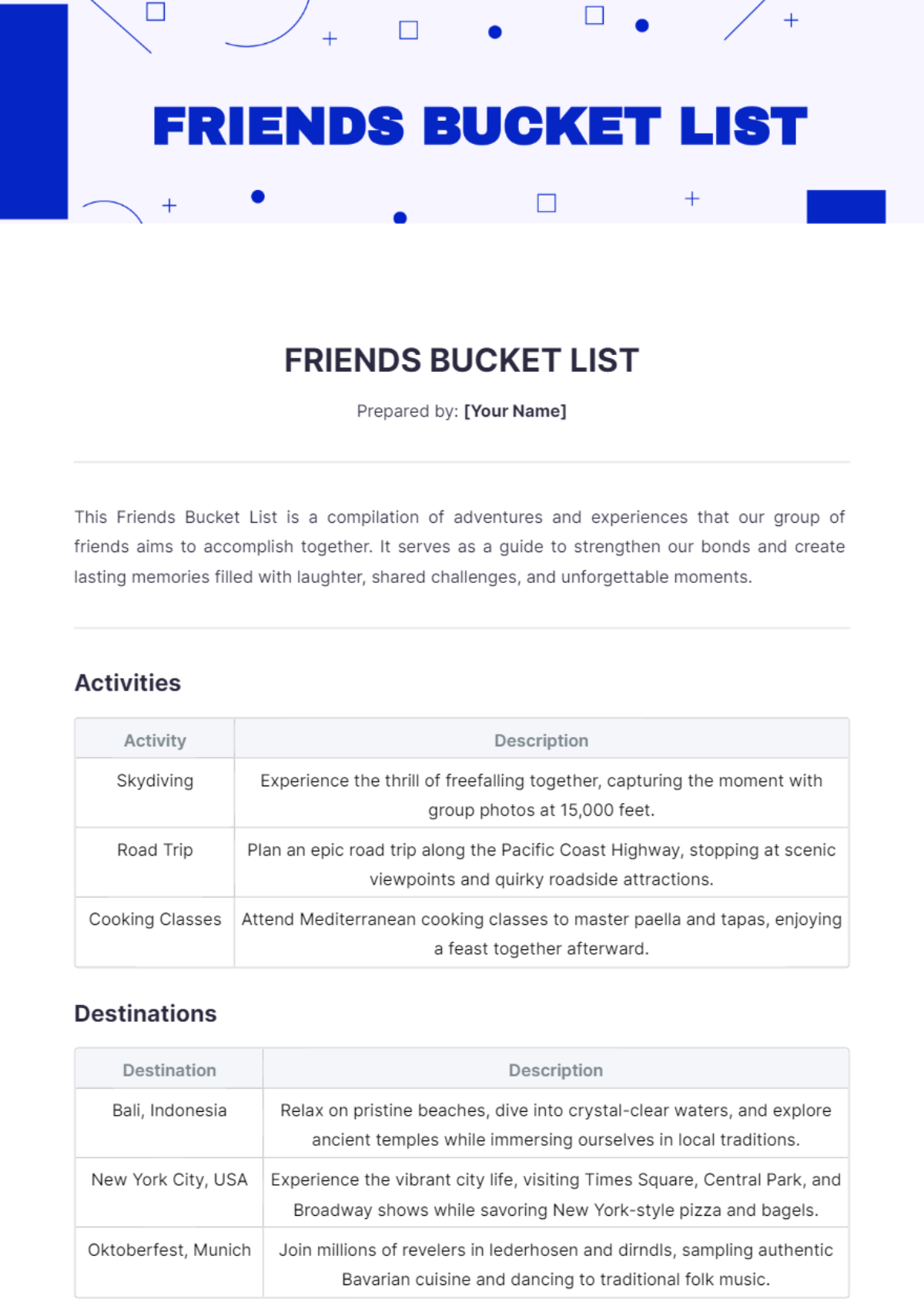 Friends Bucket List Template