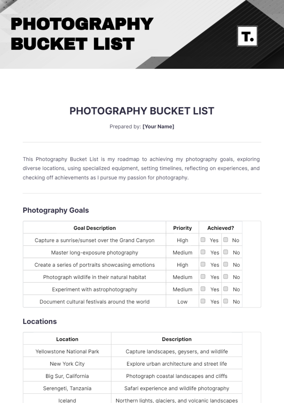 Photography Bucket List Template