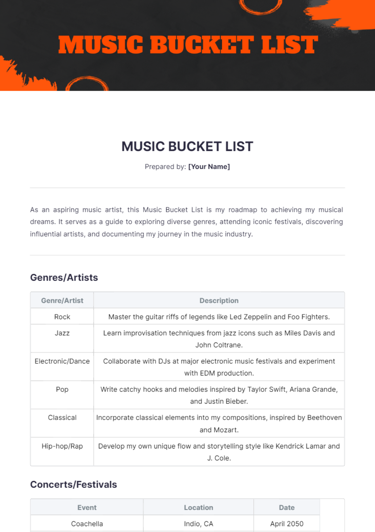 Music Bucket List Template