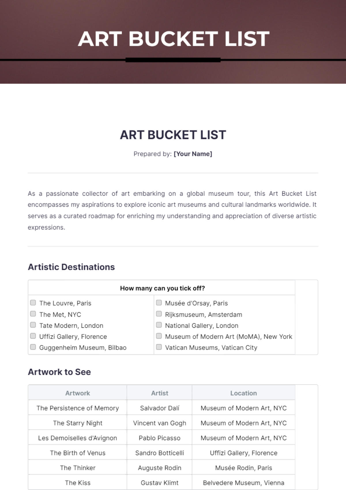 Art Bucket List Template