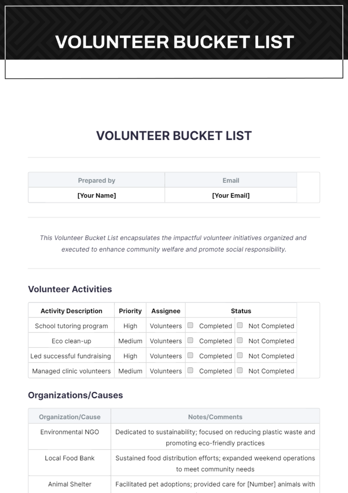 Volunteer Bucket List Template