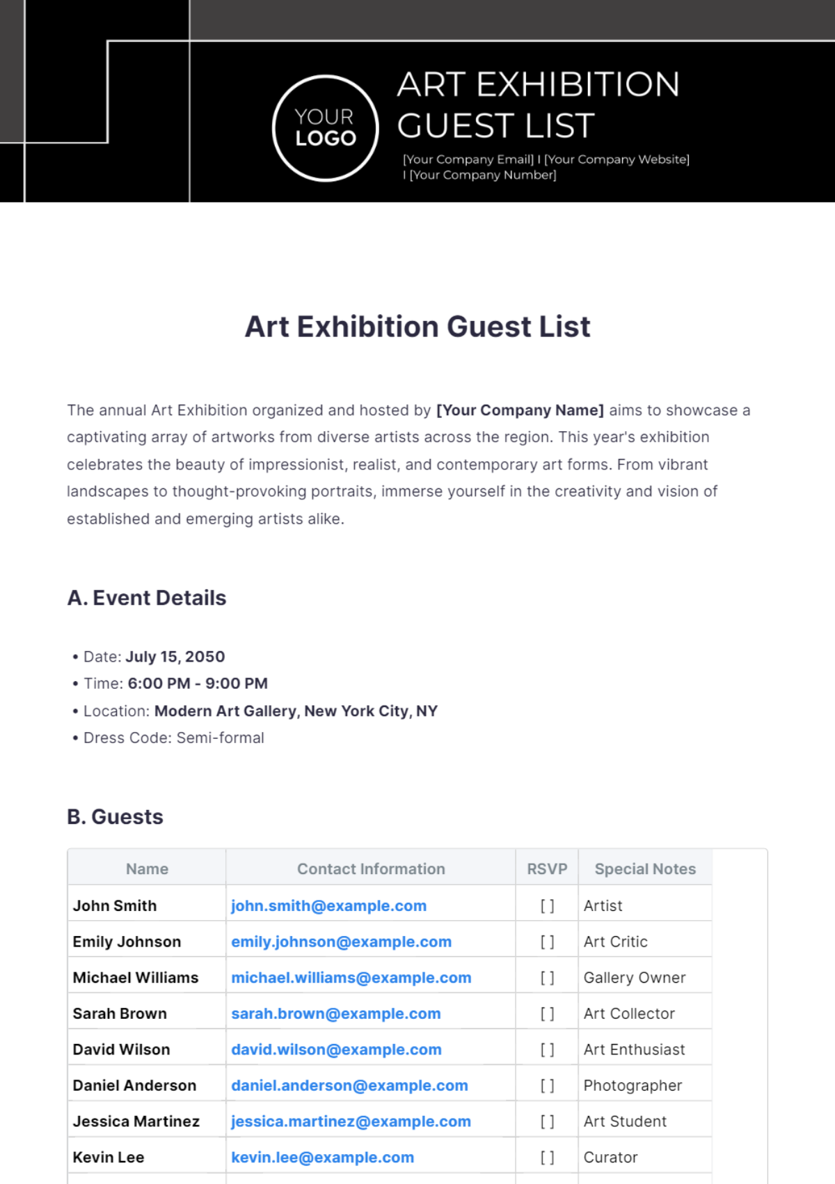 Art Exhibition Guest List Template - Edit Online & Download