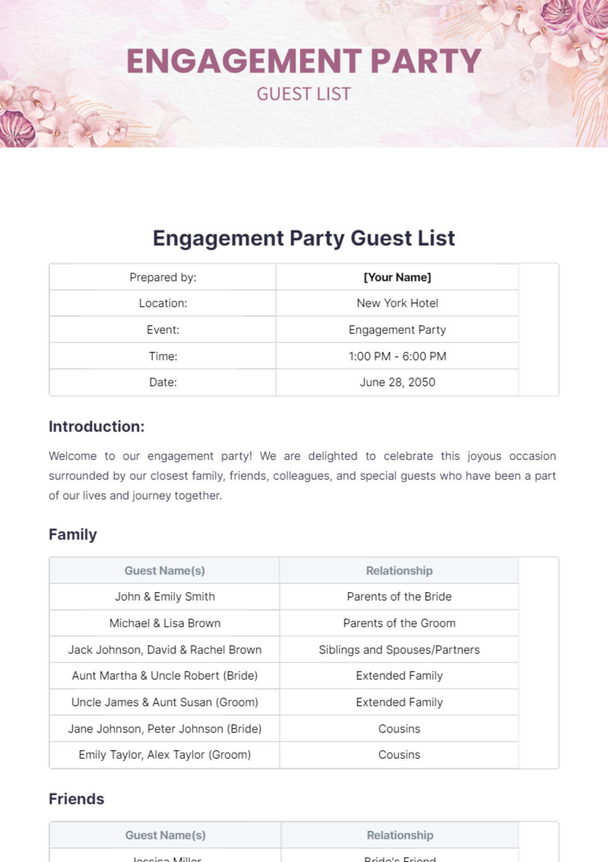 Engagement Party Guest List Template - Edit Online & Download