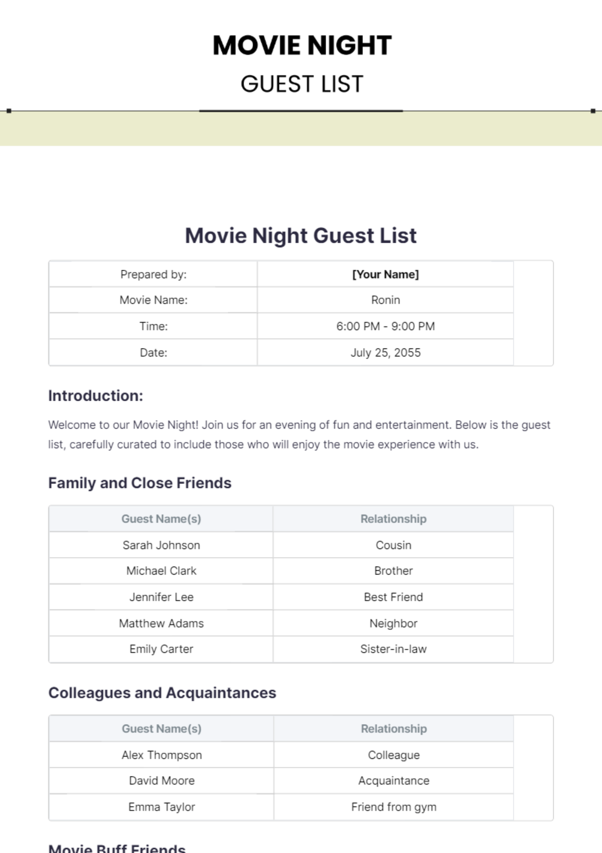 Movie Night Guest List Template - Edit Online & Download