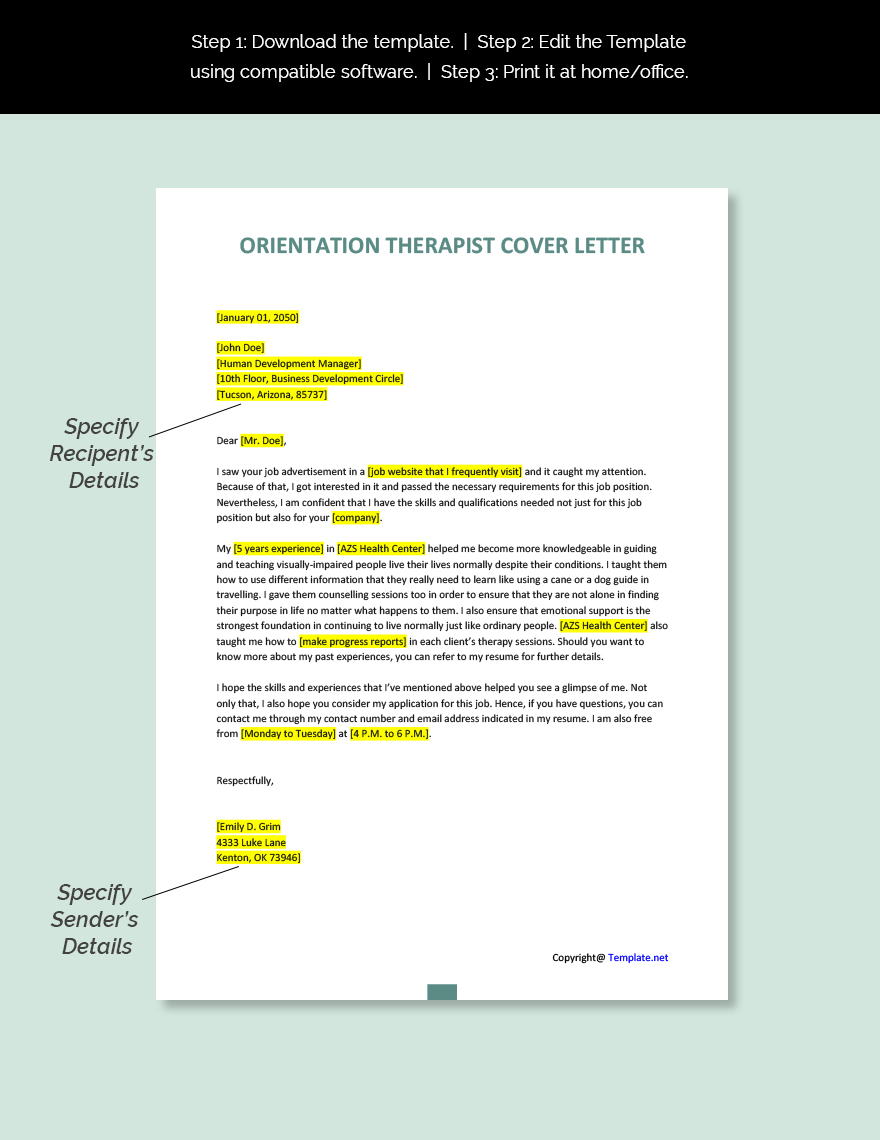 Orientation Therapist Cover Letter Template