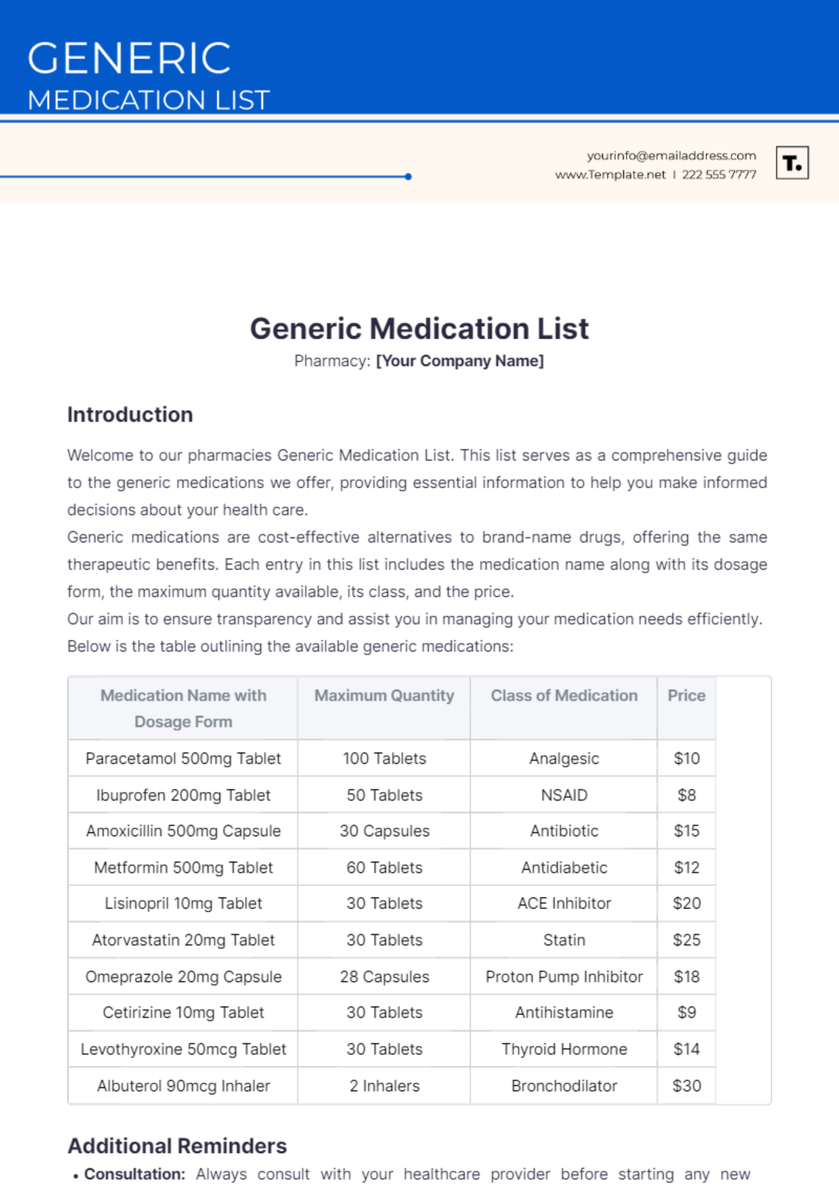 Generic Medication List Template