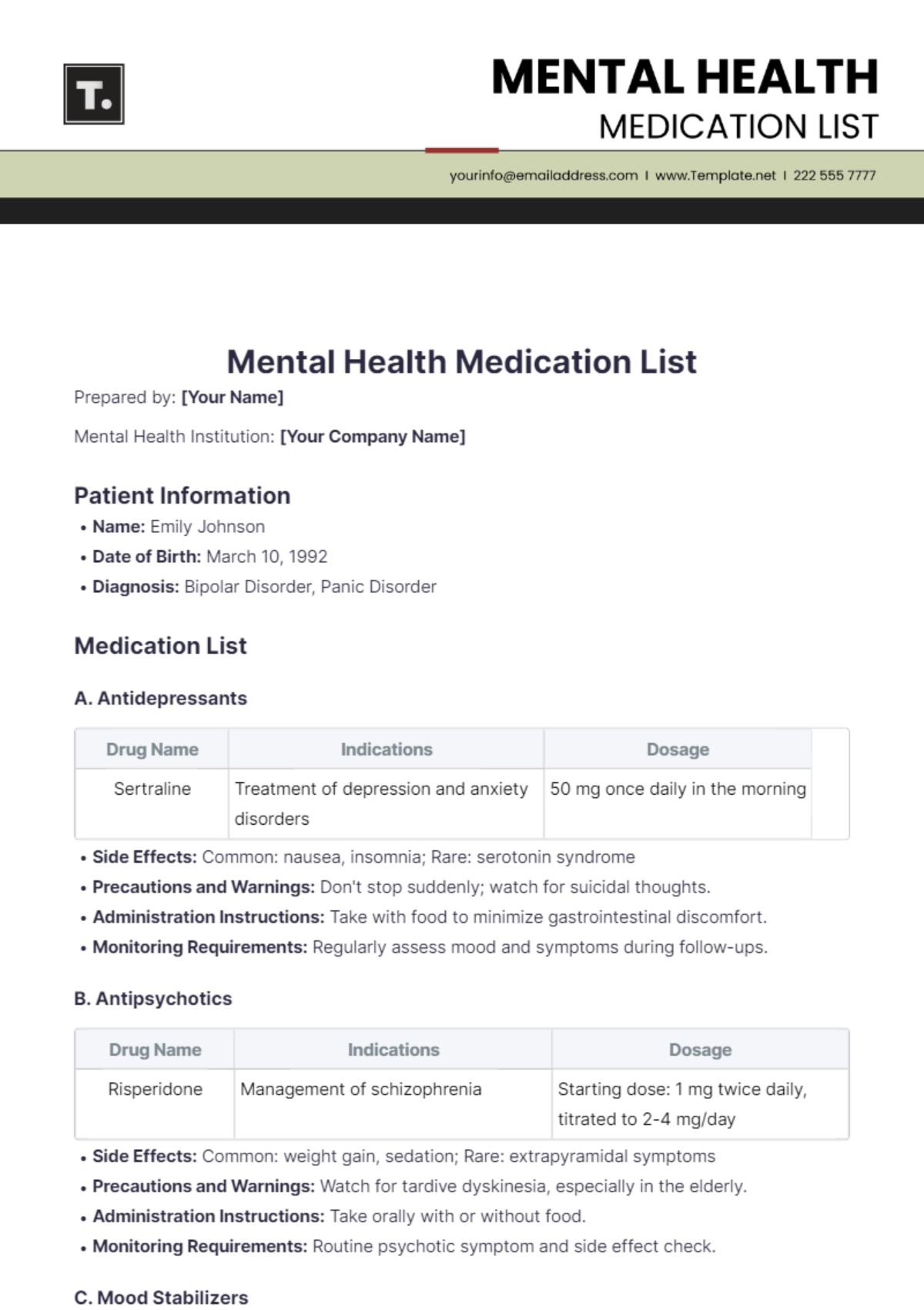 Mental Health Medication List Template