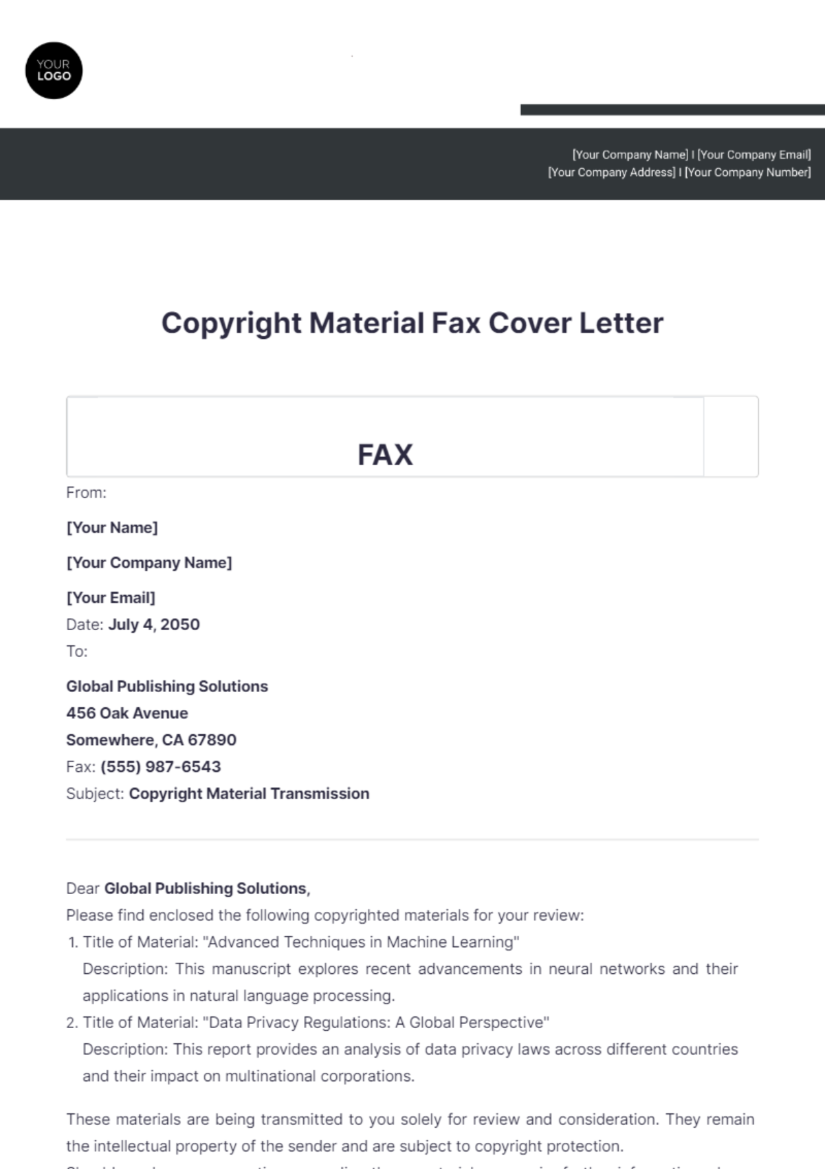 Copyright Material Fax Cover Letter - Edit Online & Download