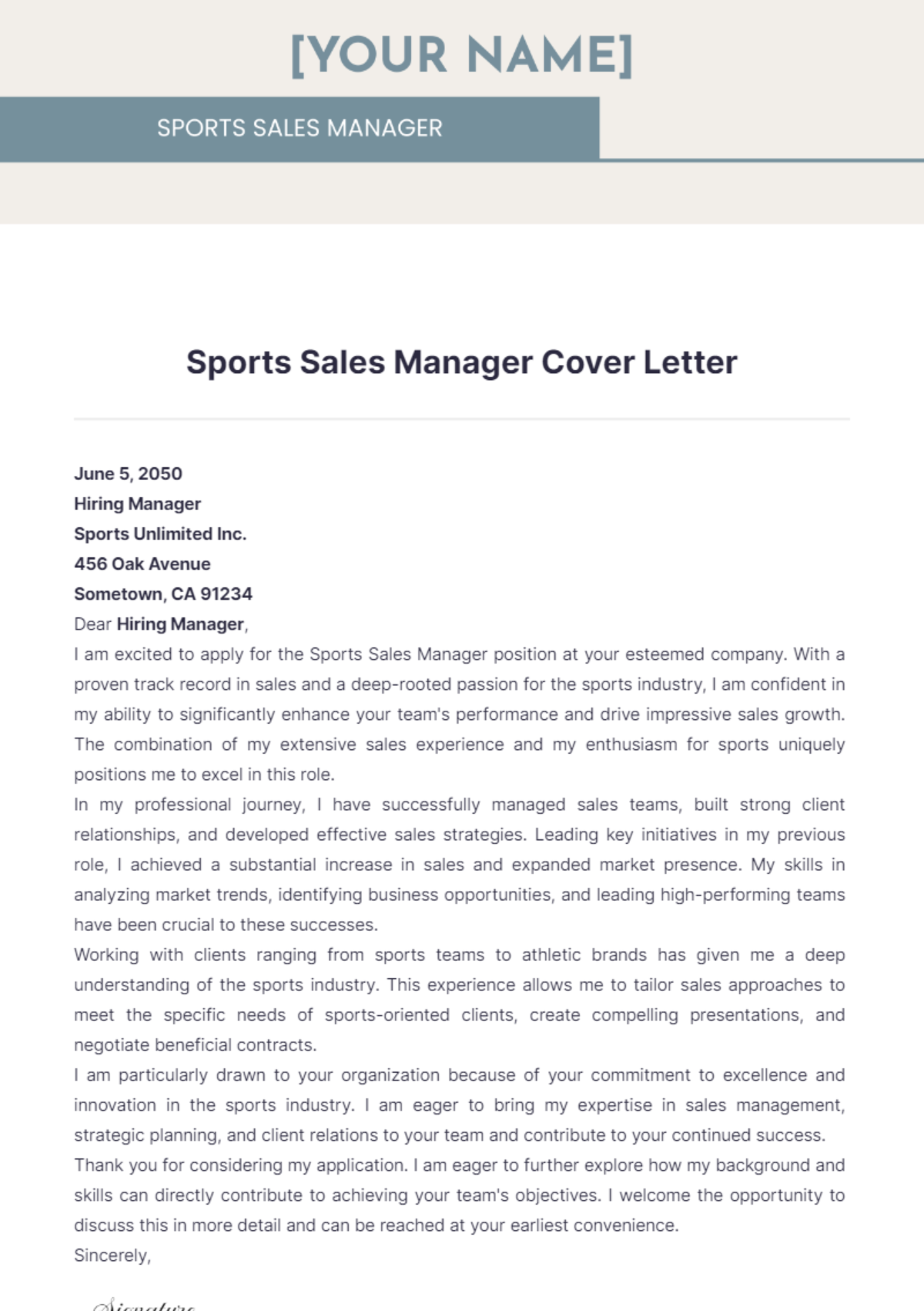 Sports Sales Manager Cover Letter